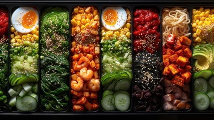 Foto op Plexiglas a tray filled with assorted veggies and a hard boiled egg on top of one of the trays. © Jevjenijs