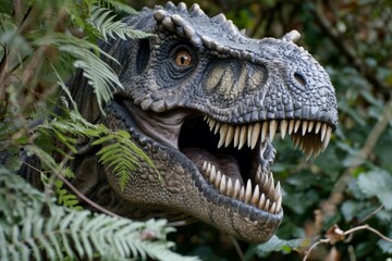 Tyrannosaurus T-rex raptor portrait huge giant carnivorous predatory dinosaur roars open mouth...