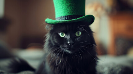 Close up portrait of a black cat wearing a green leprechaun hat in a St. Patrick's Day costume, banner with copyspace