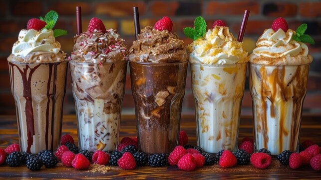 four different types of ice cream sundaes with raspberries and raspberries on a wooden table.