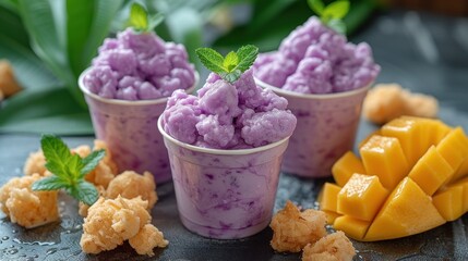a table topped with three cups filled with purple ice cream next to sliced mangoes and pieces of pineapple. - obrazy, fototapety, plakaty