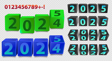 Happy New Year 2024 Gift Box Die Cut Cube Template with 3D Preview - Light Blueprint Layout with Cutting and Scoring Lines