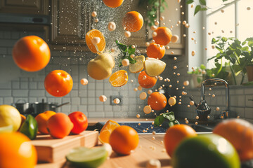 Floating levitating lot of fruits and water slash in a kitchen