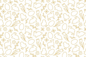 seamless Easter golden pattern with bunny, lamb, chicken, egg, tulip flower and willow catkins branches- vector illustration © chrupka