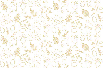 golden seamless pattern with Easter, Holy Week, Good Friday related icons: palm leaf, lamb, egg, Jesus tomb, Calvary hill, holy communion -vector illustration - obrazy, fototapety, plakaty