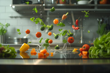 Floating levitating vegetables in a kitchen with water splashing