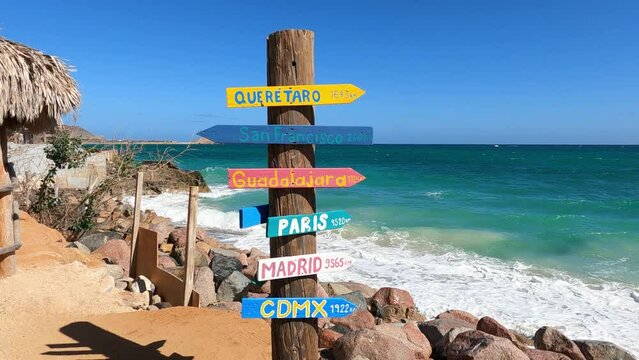 Destinations signs from Cabo Pulmo, Baja California. Slow motion
