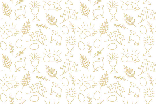 golden seamless pattern with Easter, Holy Week, Good Friday related icons: palm leaf, lamb, egg, Jesus tomb, Calvary hill, holy communion -vector illustration