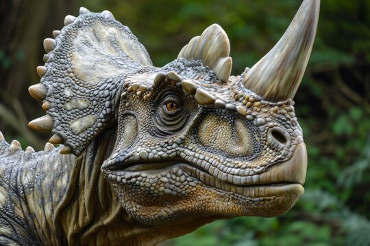 Triceratops portrait herbivorous ceratopsid large massive horn reptile dinosaur realistic prehistoric extinct animal standing outdoors nature forest Jurassic World jungle background. Ancient creature