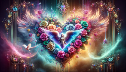 Floral Heart with Angel and Dove - obrazy, fototapety, plakaty