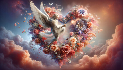 Mystical Angel Flying Around a Heart of Roses with Ethereal Mescaline Illumination
