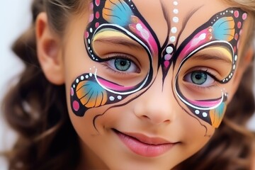 A young girl with face paint resembling a butterfly's wings in bright colors, adding a playful and vibrant element to her cheerful expression.