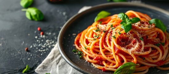 A delicious plate of pasta pomodoro, made with al dente noodles, tomato sauce, basil, and served on a table with tableware.