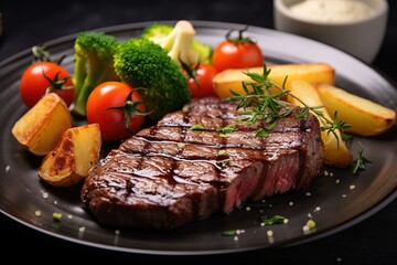 Steak with vegetables on a plate on a dark background