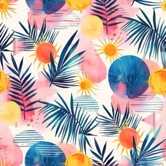 Fototapeta na wymiar Abstract Summer Pattern with Suns and Palms. Abstract summery pattern with stylized suns and palm leaves in a watercolor design.