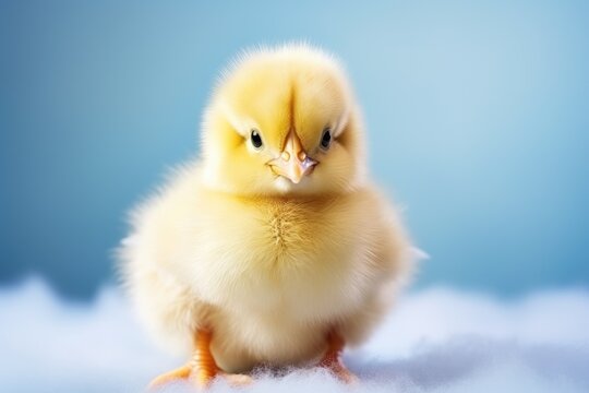 A single fluffy baby chick stands against a soft blue background, looking directly at the viewer with a curious and tender gaze.