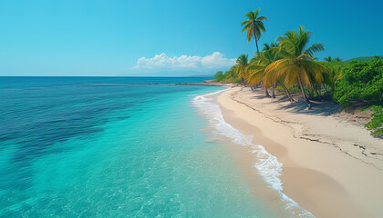 Fototapeta na wymiar Aerial drone view of tropical beach with palm trees and clear turquoise ocean,generative ai