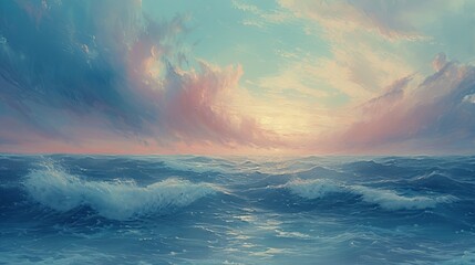 A serene seascape at dusk. Oil painting.  - obrazy, fototapety, plakaty