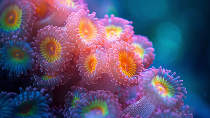 Fototapeta na wymiar Super macro view, explore abyssal gardens as colorful coral polyps bloom, creating underwater oases teeming with life beneath the ocean's surface
