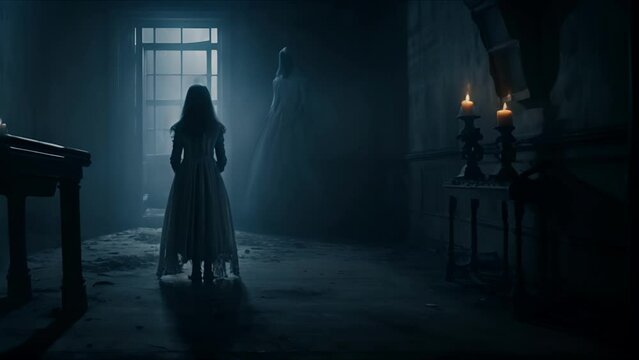 Silhouette of a ghost woman in a Victorian interior. A ghost in a white dress in the moonlight. Halloween, horror and thriller concept.
