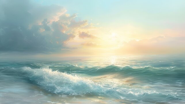A serene seascape at dusk, with gentle waves rendered in smooth. Oil painting. 