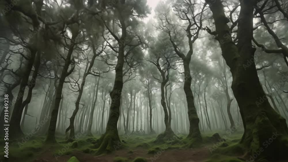 Poster captivating sight of a dense fog engulfing a vibrant forest filled with countless trees, a mysteriou