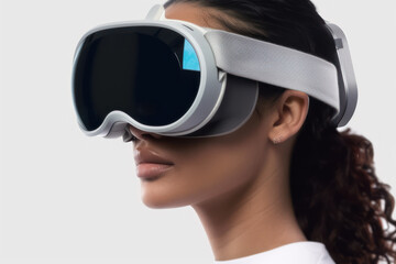 Fototapeta premium Young woman wearing a mixed reality headset and experiencing simulation, metaverse and cyberspace.