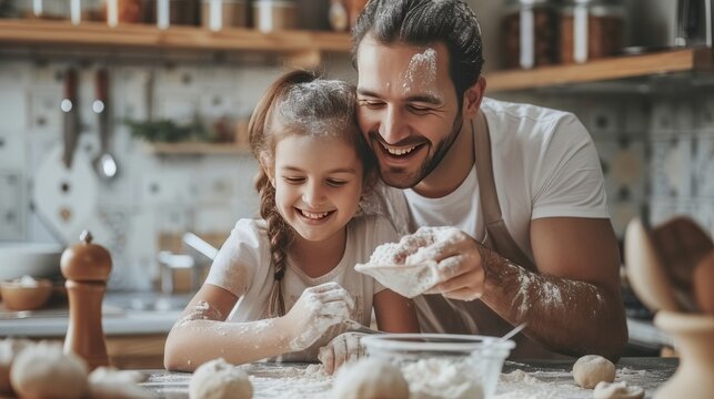 Happy father and daughter sharing a moment of joy in the family kitchen

