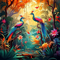 Asian colorful jungle full of birds bright colors 