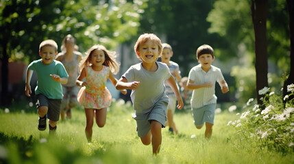 
A group of happy children of boys and girls run in the Park on the grass on a Sunny summer day.