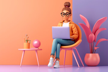 3d woman working on laptop while sitting on a chair