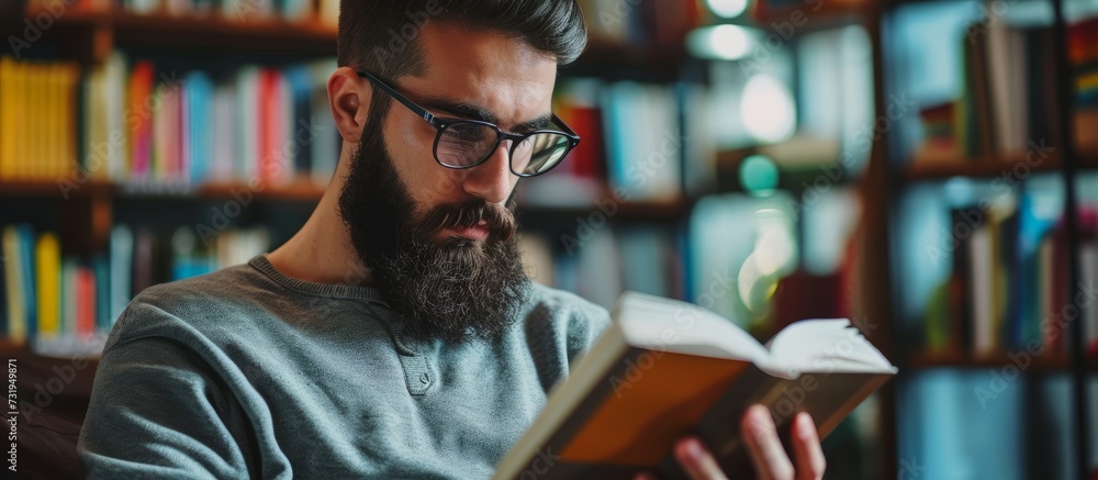 Poster a guy with glasses and a beard is engrossed in a book, surrounded by bookcases in a library setting.