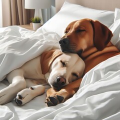two dogs sleeping together in a white bed at home