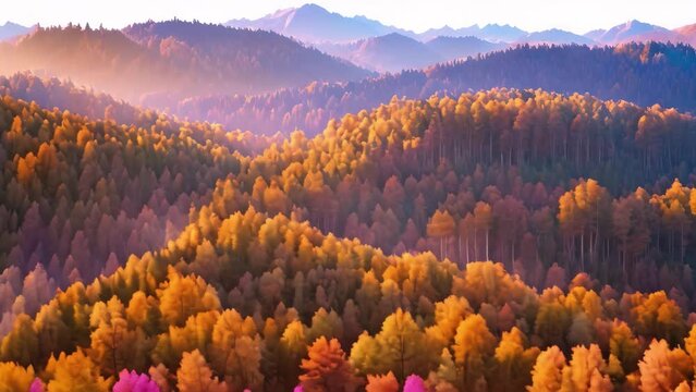 a forest filled with an abundance of trees covered in stunning fall colors, Aerial view of the dark deforested woods with cut-down mountain forest trees at fall sunset, AI Generated