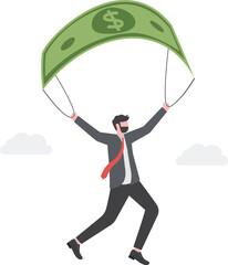 Man is flying using bank note as a parachute, symbolizing financial success and good profit even in crisis times. Vector illustration

