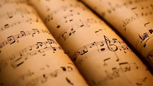 a close-up view of sheet music, showcasing the intricate arrangement of musical notes and symbols, Atmospheric music background with notes on old brown paper, AI Generated