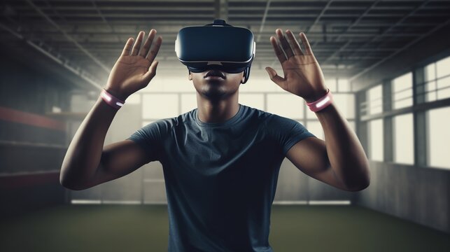 Young african american man using virtual reality headset against rugby stadium - Powered by Adobe