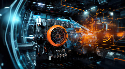 Hi-tech engine emitting orange glow using a sustainable fuel, futuristic, eco-friendly, industry, efficiency message