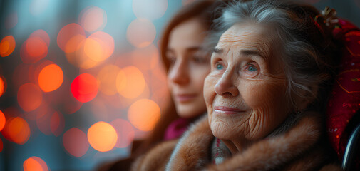 A photo of an old grandmother sitting in a chair with an adult woman behind on a Valentine's background