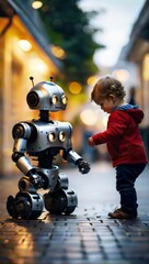 A toddler in a red coat shares a handshake with a friendly robot on an old cobblestone street as evening falls.