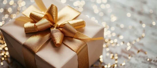 A gold bow adorns a rectangular gift box, a fashionable accessory made of gold metal. It's perfect for special events and gift wrapping.