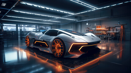 Obraz premium Inside a high-tech car repair garage, sleek machinery, robotic precision, modern automotive service