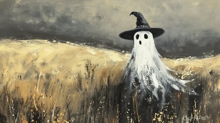 oil painting captures the essence of Halloween with a cute ghost wearing a witch hat amidst a beautiful meadow
