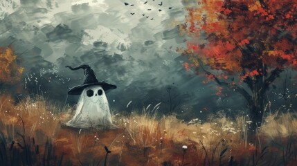 oil painting captures the essence of Halloween with a cute ghost wearing a witch hat amidst a beautiful meadow
