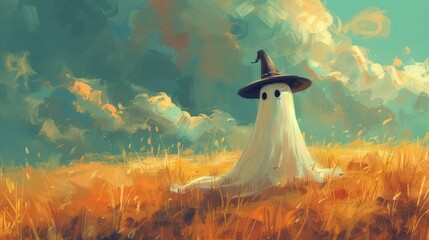 oil painting captures the essence of Halloween with a cute ghost wearing a witch hat amidst a beautiful meadow
