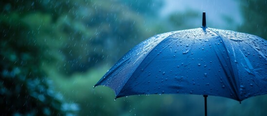 An electric blue umbrella adorned with raindrops stands under the moist natural landscape, resembling drops of liquid on grass.