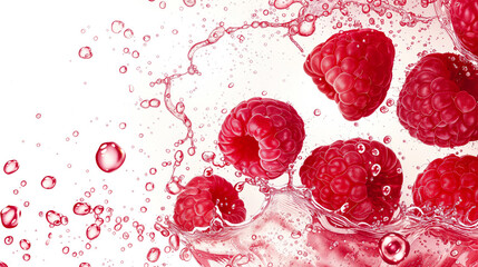 Fresh raspberries close-up in bursts of water. White background. 