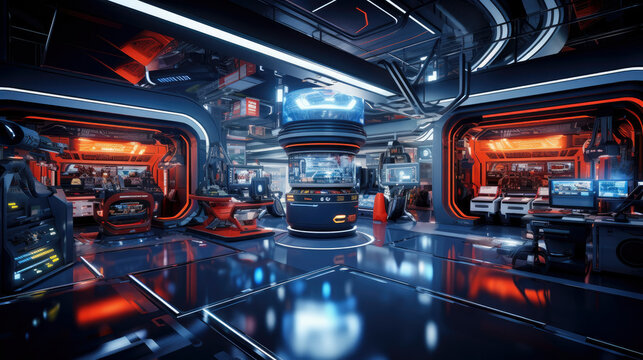 Cutting-edge automotive workshop, futuristic ambiance, precise machinery, and digital diagnostic