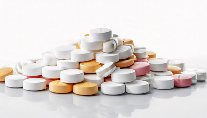 Heap of pills on white background with copy space