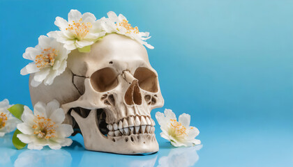 Human skull with flowers on blue background with copy space